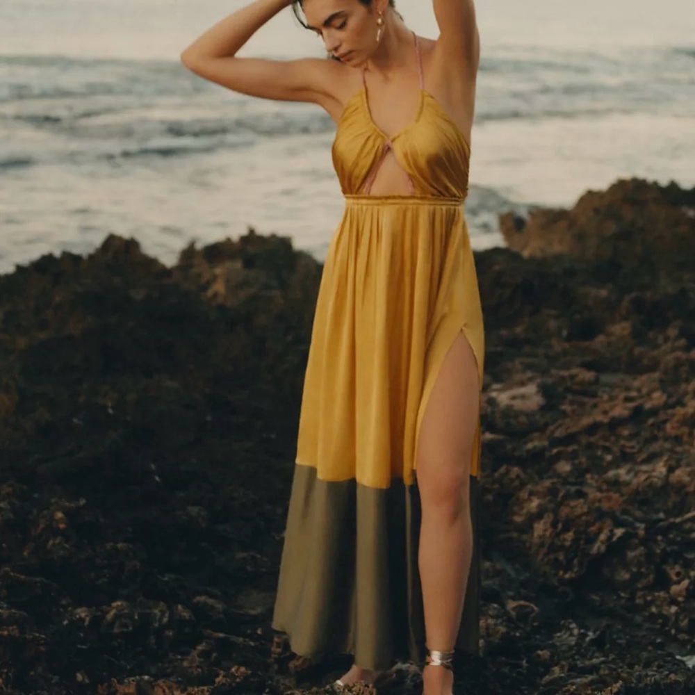By Anthropologie Silk Colorblocked Maxi Dress Yellow Brown Halter Boho 6